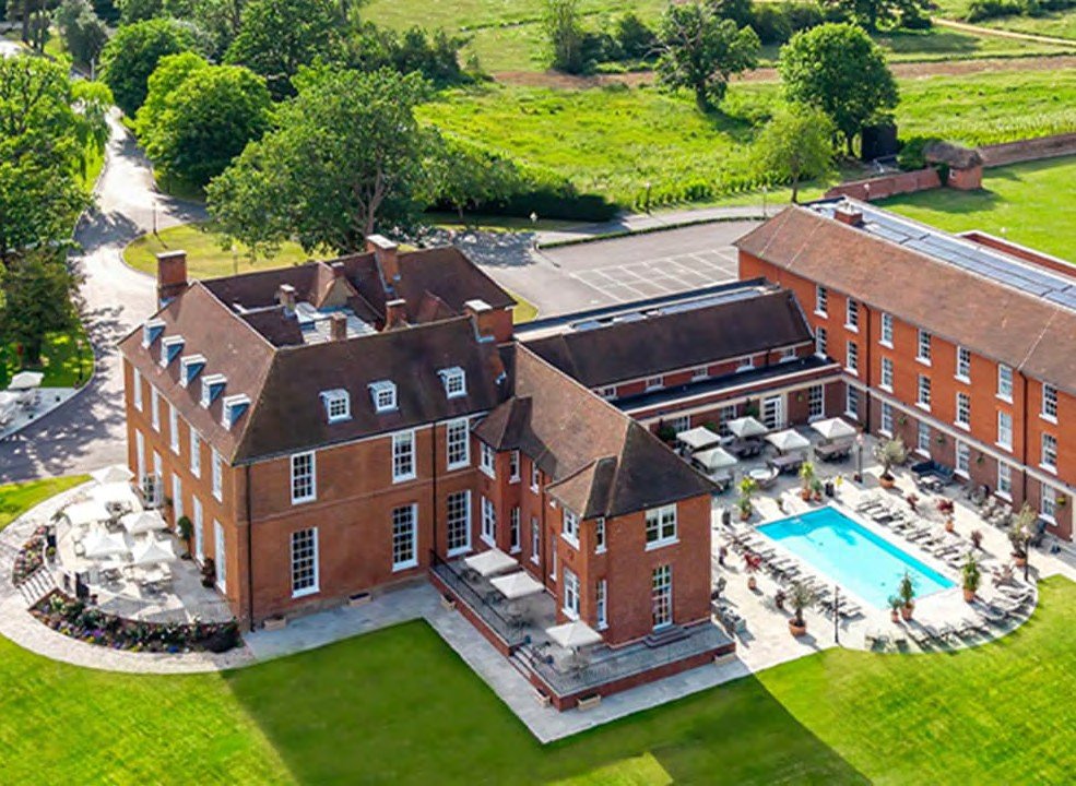 Aerial view of a Home Counties hotel and spa estate