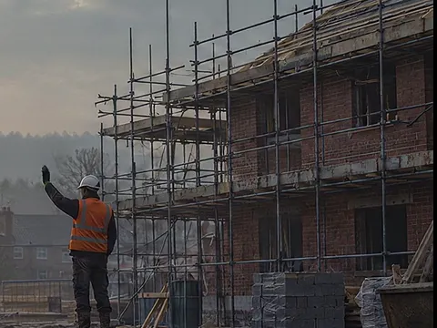 Scaffold up on the rear elevation with an operative signalling